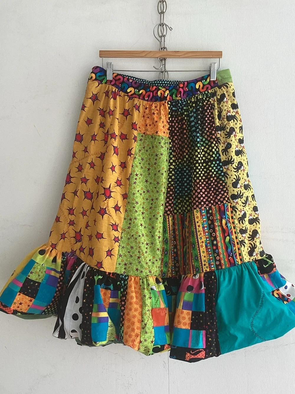 Upcycle Annie patchwork side /front pocket cotton tiered ruffle midi skirt. M-L
